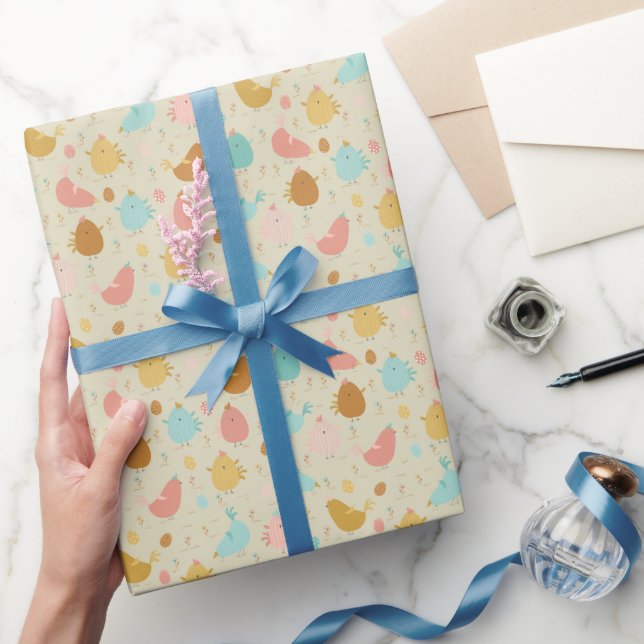 Easter eggs and colourful chicken wrapping paper (Gifting)