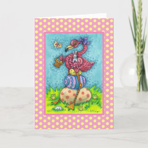 EASTER EGGS AND CUTE BABY PINK FLAMINGO WITH BUNNY HOLIDAY CARD