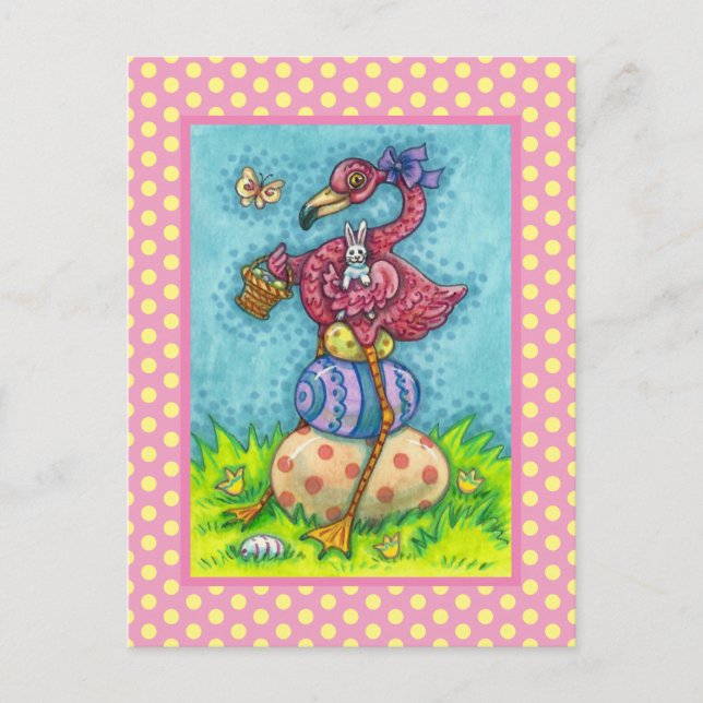 EASTER EGGS AND CUTE BABY PINK FLAMINGO WITH BUNNY HOLIDAY POSTCARD (Front)