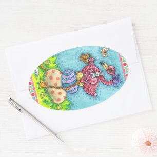 EASTER EGGS AND CUTE BABY PINK FLAMINGO WITH BUNNY OVAL STICKER