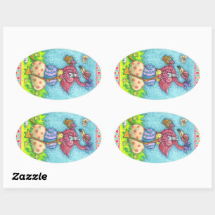 EASTER EGGS AND CUTE BABY PINK FLAMINGO WITH BUNNY OVAL STICKER