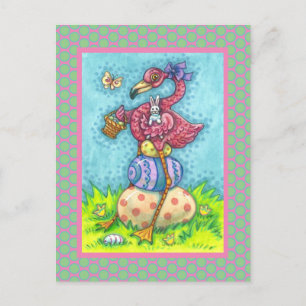 EASTER EGGS AND CUTE BABY PINK FLAMINGO WITH BUNNY POSTCARD