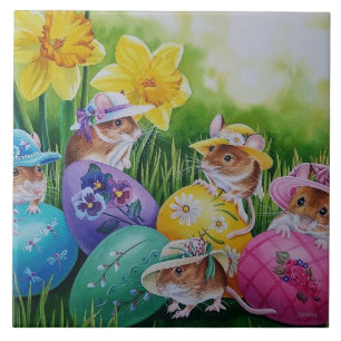 Easter Eggs and Field Mice Watercolor Art Ceramic Tile