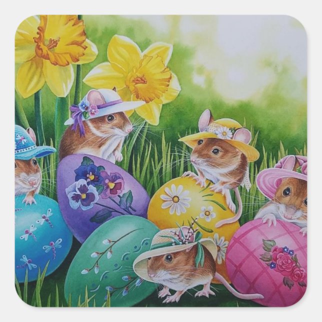 Easter Eggs and Field Mice Watercolor Art Square Sticker (Front)