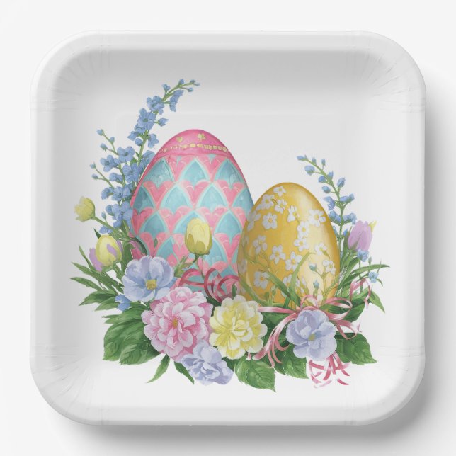 Easter Eggs and Flowers Paper Plate (Front)