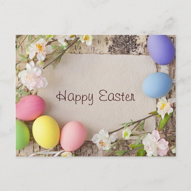 Easter Eggs and Note on Wooden Background Holiday Postcard (Front)