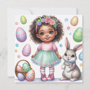 Easter Eggs Black Girl Bunny Watercolor Invitation
