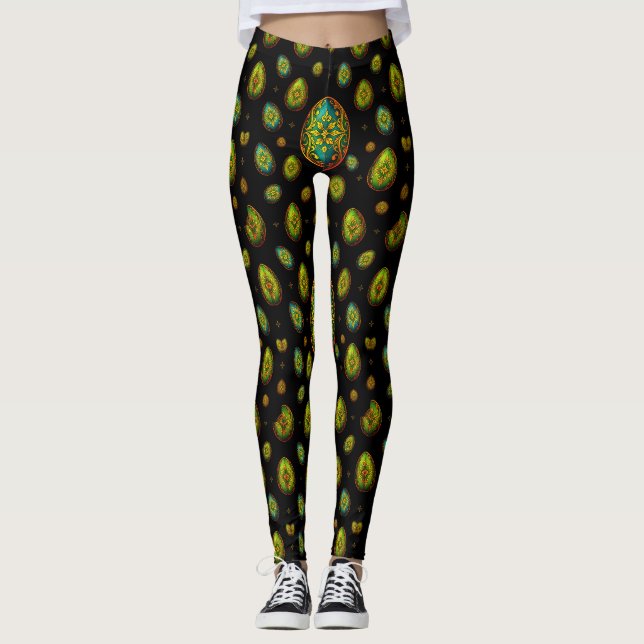 EASTER EGGS ~ Black Green Gold 3D ~  Leggings (Front)