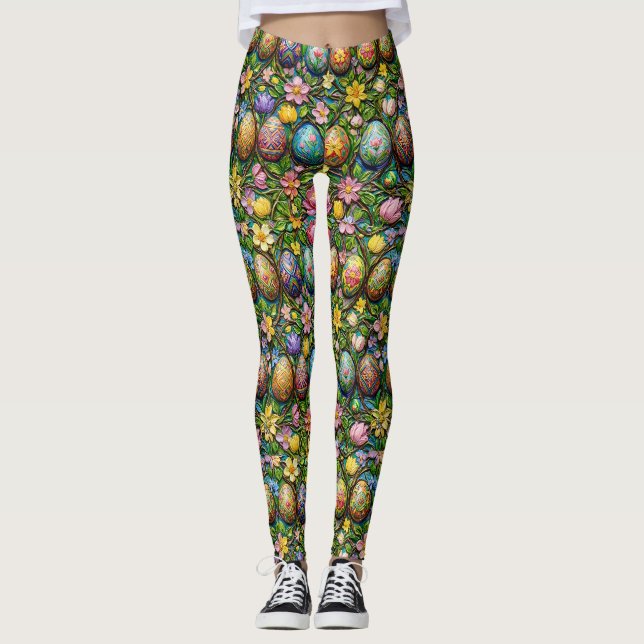EASTER EGGS ~ Bright Green Background 3D~ Leggings (Front)