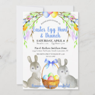 Easter Eggs, Bunnies, Spring Flowers Blue Brunch Invitation
