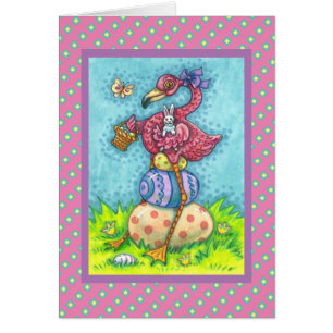 EASTER EGGS, CUTE PINK FLAMINGO, BUNNY Verse CARD