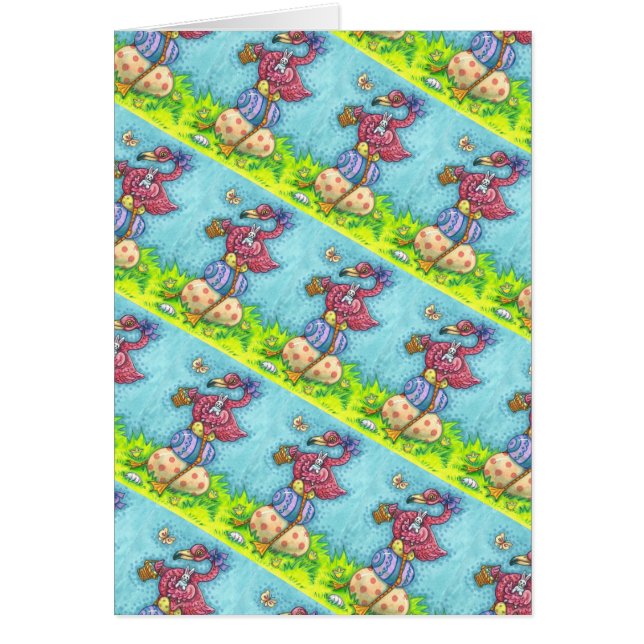 EASTER EGGS, CUTE PINK FLAMINGO, BUNNY Verse CARD (Front)