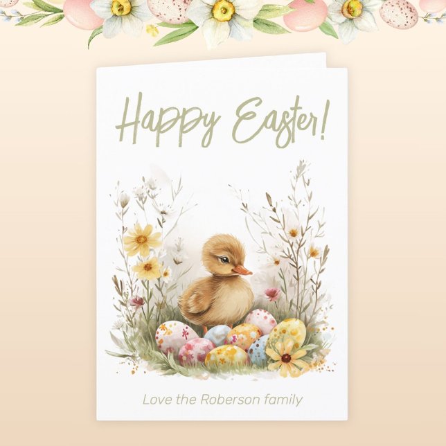 Easter Eggs Duckling Daisies Flowers Holiday Card (Creator Uploaded)