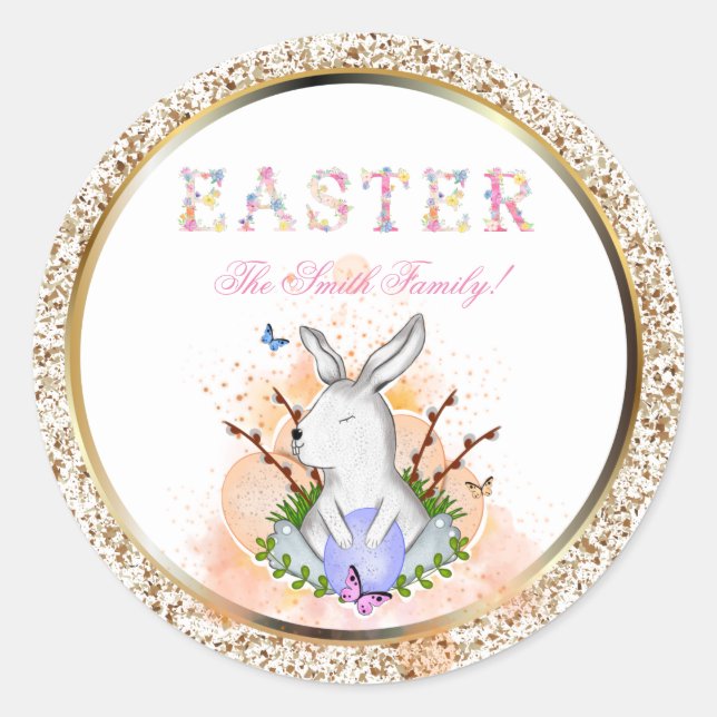 Easter eggs, flowers, gold classic round sticker (Front)