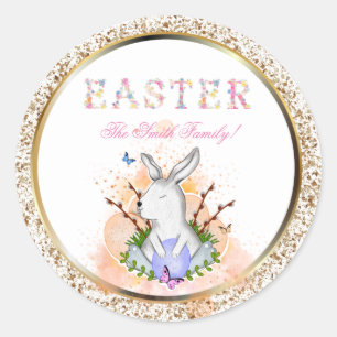 Easter eggs, flowers, gold classic round sticker