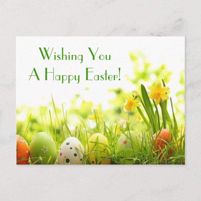 Easter Eggs Hiding in Grass with Daffodils Holiday Postcard (Front)