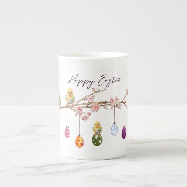Easter Eggs on Flowering Branch Happy Easter Bone China Mug (Front)