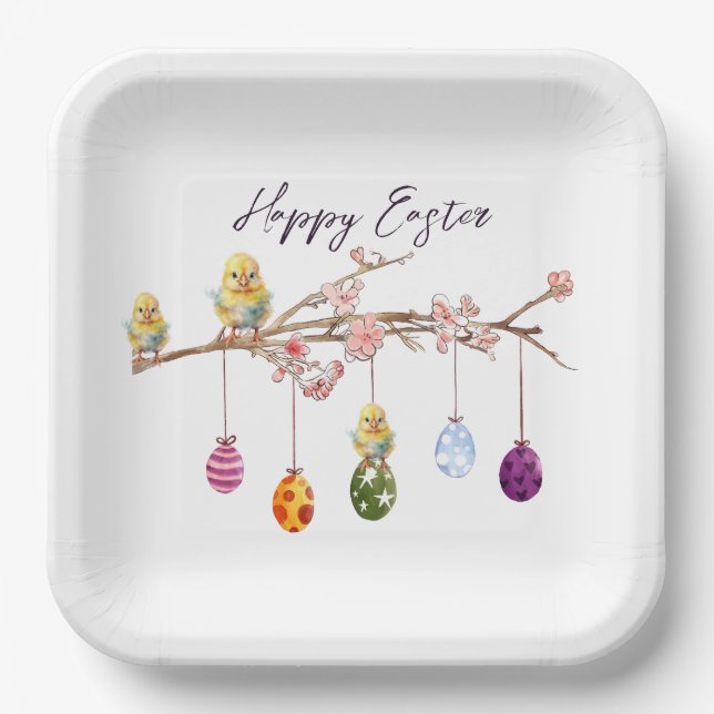 Easter Eggs on Flowering Branch Happy Easter Paper Plate (Front)