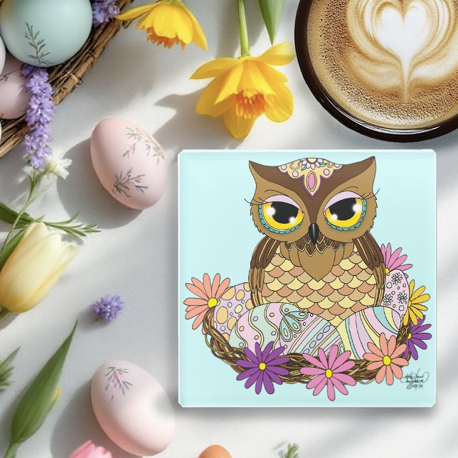 Easter Eggs Owl Nest Glass Coaster (Creator Uploaded)