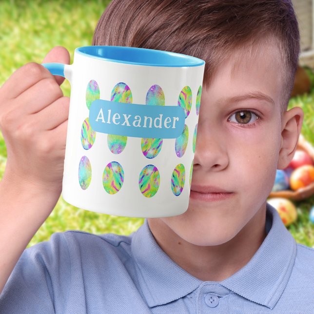 Easter Eggs personalised Name Blue Mug (Personalized Modern easter egg hunt spring brunch Colorful Watercolor Easter egg art pattern mug)