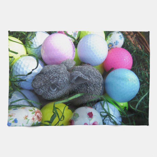 Easter Eggs, Rabbit Golf Balls Tea Towel (Horizontal)