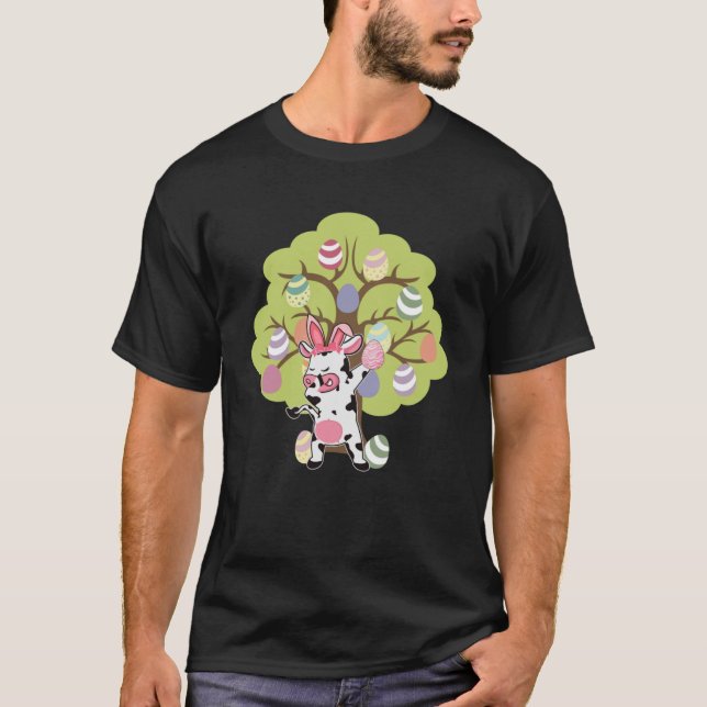 Easter Eggs Tree Cow Bunny Happy Easter Sunday T-Shirt (Front)
