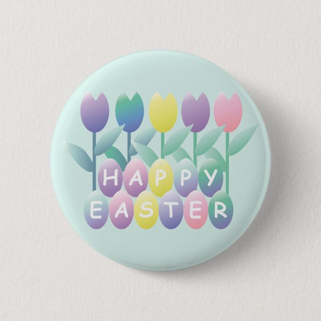 Easter Eggs Tulips Happy Easter Button (Front)