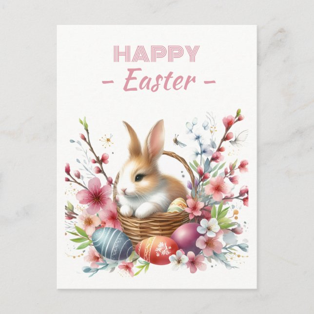Easter Eggs Watercolor Rabbit Cherry Blossoms Postcard (Front)