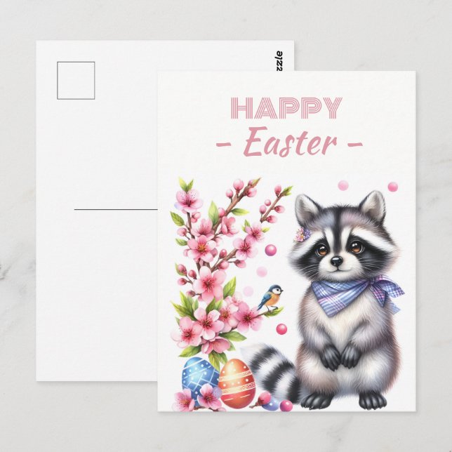 Easter Eggs Watercolor Racoon Cherry Blossoms Postcard (Front/Back)