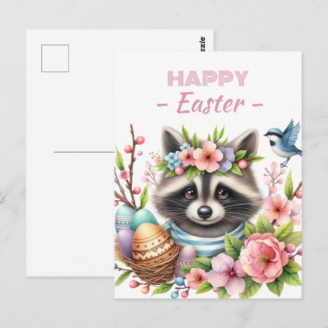 Easter Eggs Watercolor Racoon Cherry Blossoms Postcard (Front/Back)
