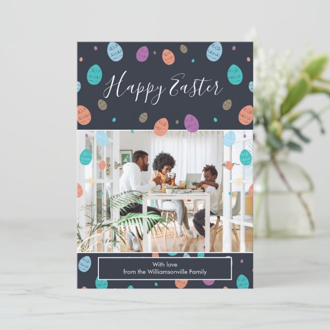 Easter Eggs Whimsical Blue Family Photo Holiday Card (Standing Front)