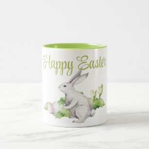 Easter Eggs & White Rabbit Watercolor Happy Easter Two-Tone Coffee Mug
