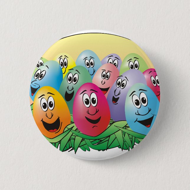 Easter Eggs with Faces in Grass 6 Cm Round Badge (Front)