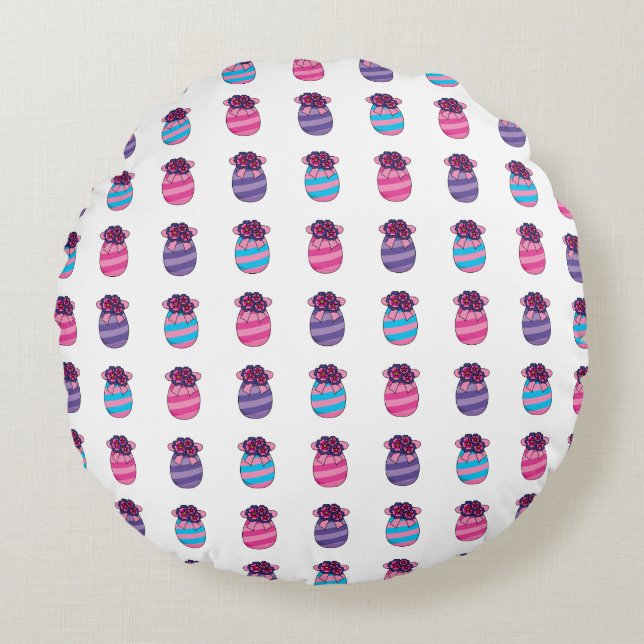 Easter Eggs with Flowers and Ribbon Round Cushion (Front)