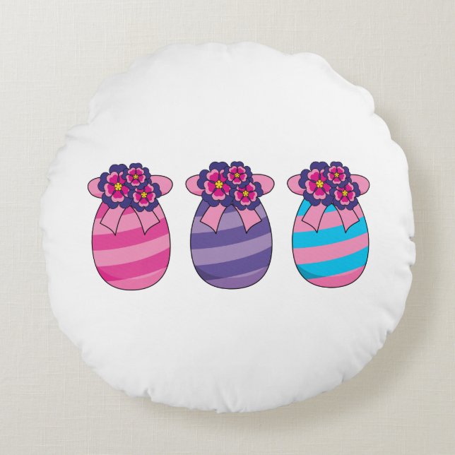 Easter Eggs with Flowers and Ribbon Round Cushion (Front)