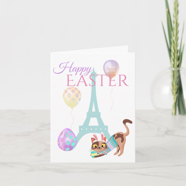Easter Eiffel Tower and Cat Pastel Balloons Holiday Card (Front)
