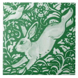 Easter Emerald Green Leaping Rabbit Floral Garden Ceramic Tile