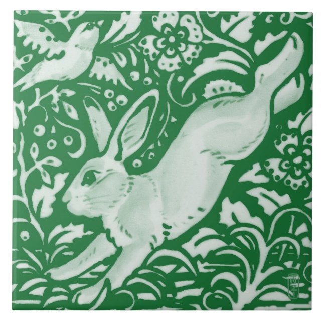 Easter Emerald Green Leaping Rabbit Floral Garden Ceramic Tile (Front)