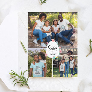 Easter Family Name 3 Photo Collage Floral Egg Cute Postcard