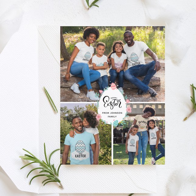 Easter Family Name 3 Photo Collage Floral Egg Cute Postcard (Creator Uploaded)