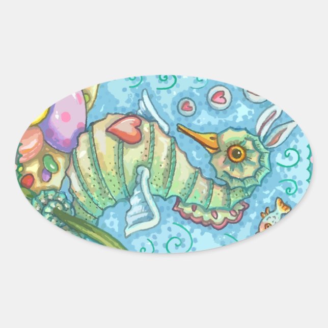 EASTER FANTASY, CUTE SPRING SEAHORSE STICKERS Oval (Front)