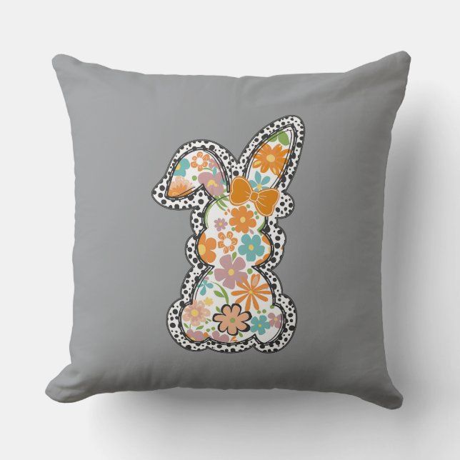 Easter Floral Bunny Leopard Border Happy Easter Cushion (Front)