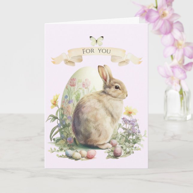 Easter, Floral Bunny with decorative egg Card (Orchid)