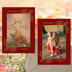 Easter Floral Cross Christ is Risen Family Photo Holiday Card