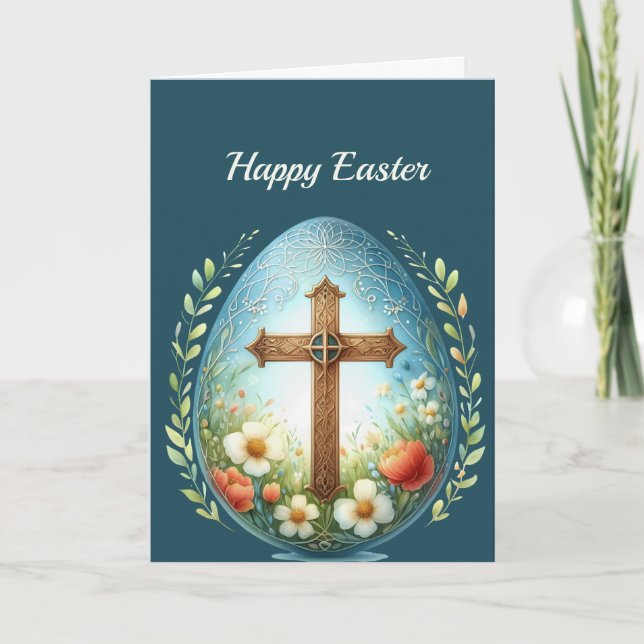 Easter Floral Cross Egg Illustration Holiday Card (Front)