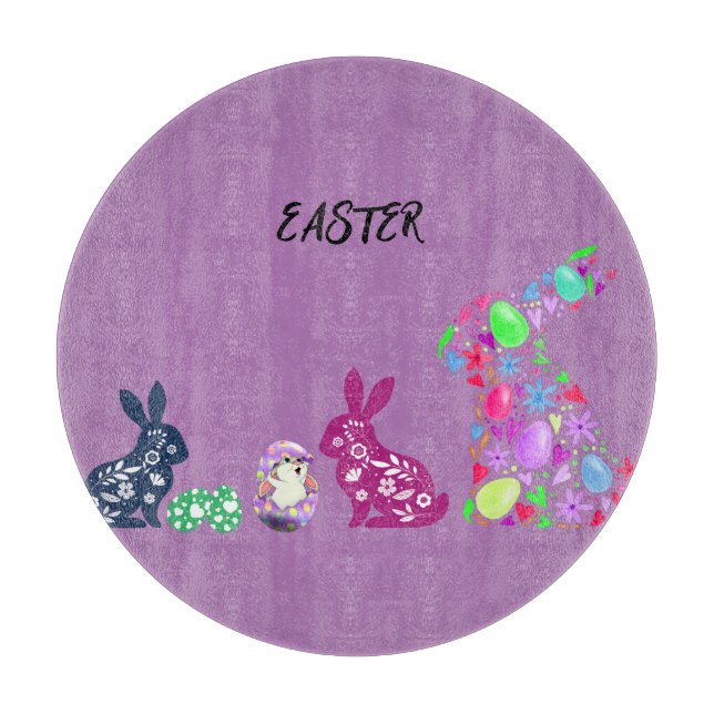 "EASTER" FLOWERED BUNNY'S GLASS  CUTTING BOARD (Front)