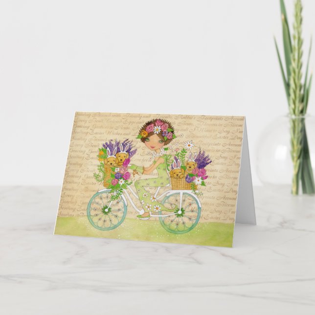 Easter Flowers Bicycle with Lab Puppies Holiday Card (Front)