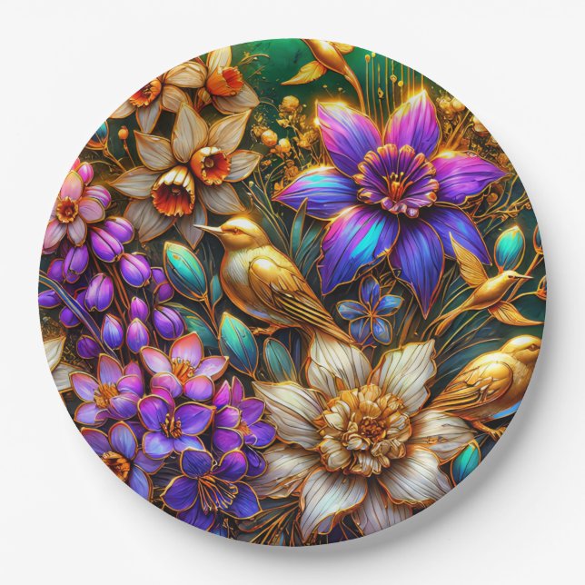 EASTER FLOWERS BIRDS 3D ~ Decorated~  Paper Plate (Front)