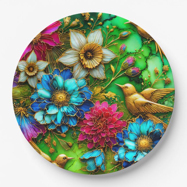 EASTER FLOWERS BIRDS 3D ~ Decorated~  Paper Plate (Front)