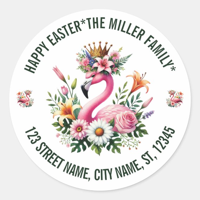 Easter Flowers Pink Flamingo Classic Round Sticker (Front)